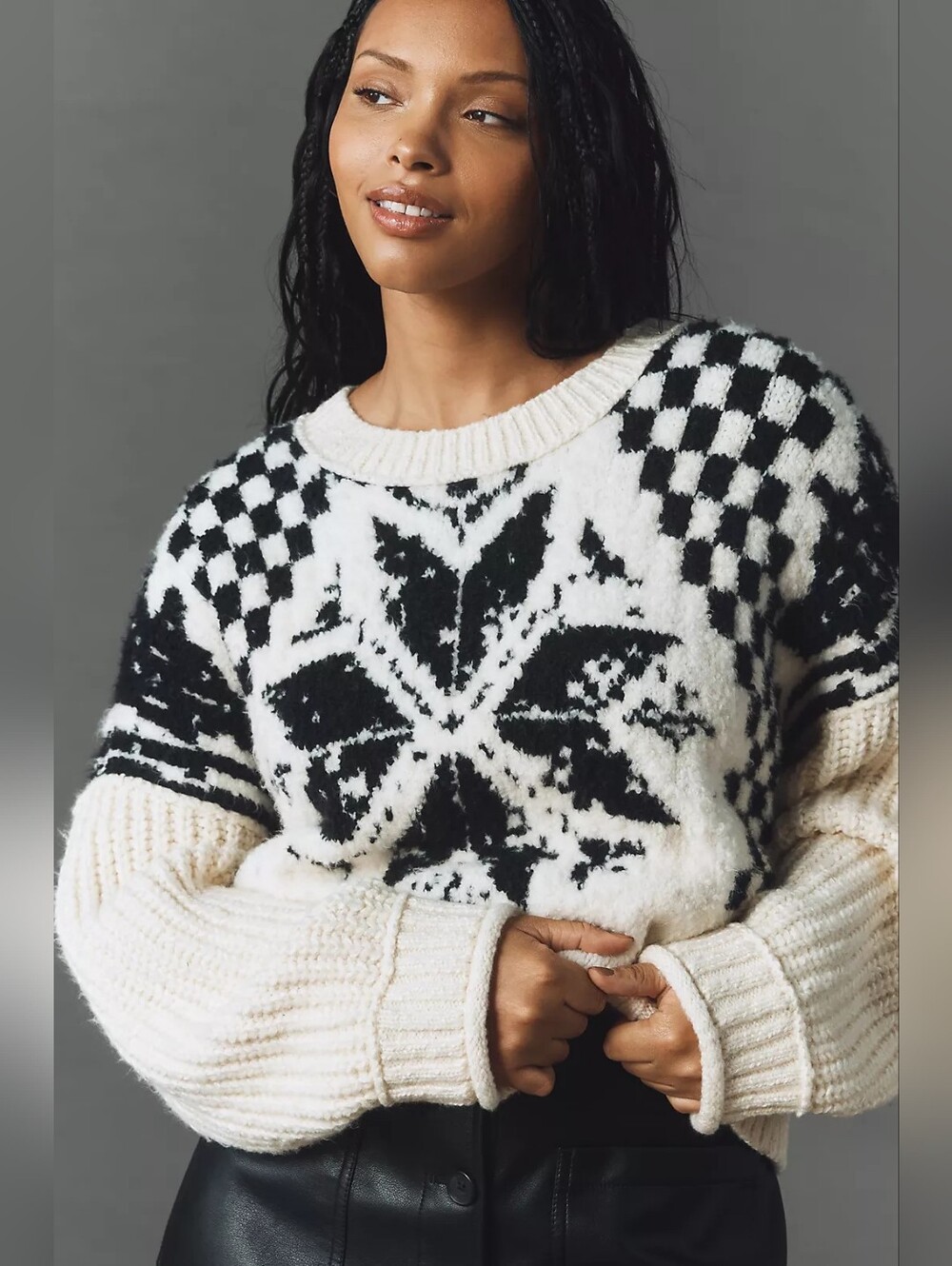 Anthropologie Pilcro Black And Cream Crew-Neck Chunky Nordic Sweater